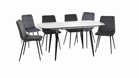 Harmony Extending Table & 6 Liberty Grey Velvet Chairs